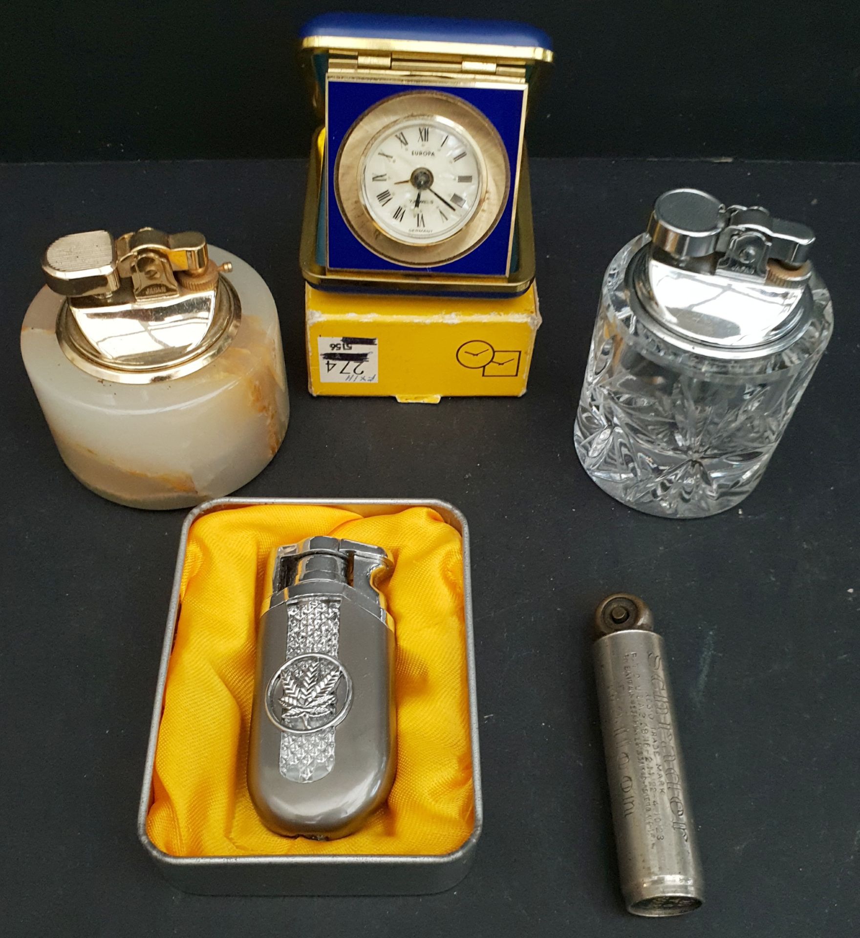Vintage 3 x Collectable Lighters, Clock & Tyre Pressure Gauge