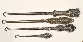 Antique 4 x Button Hooks Sterling Silver Handles All Birmingham