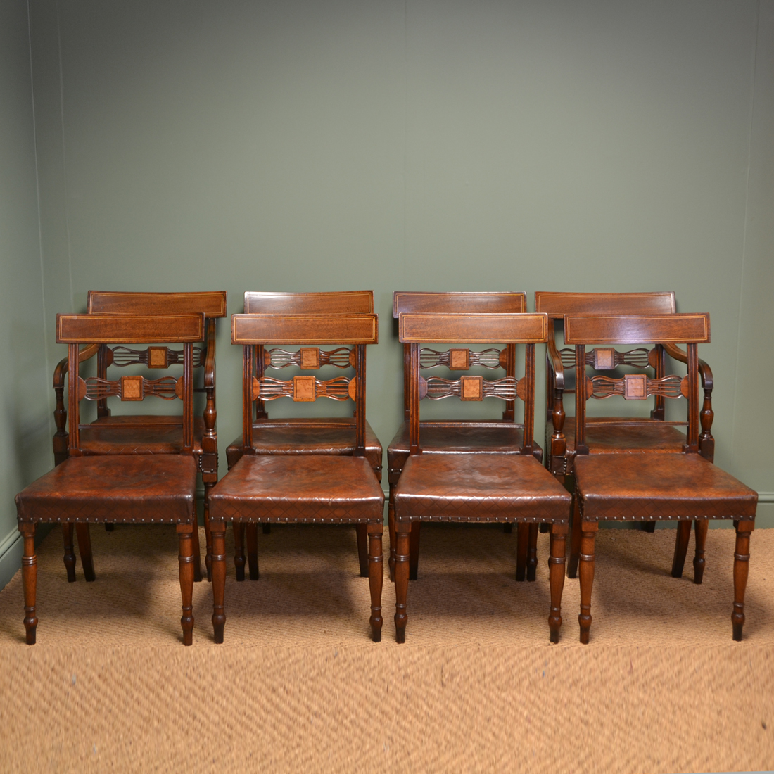 Striking Set of Eight Regency Antique Mahogany Dining Chairs