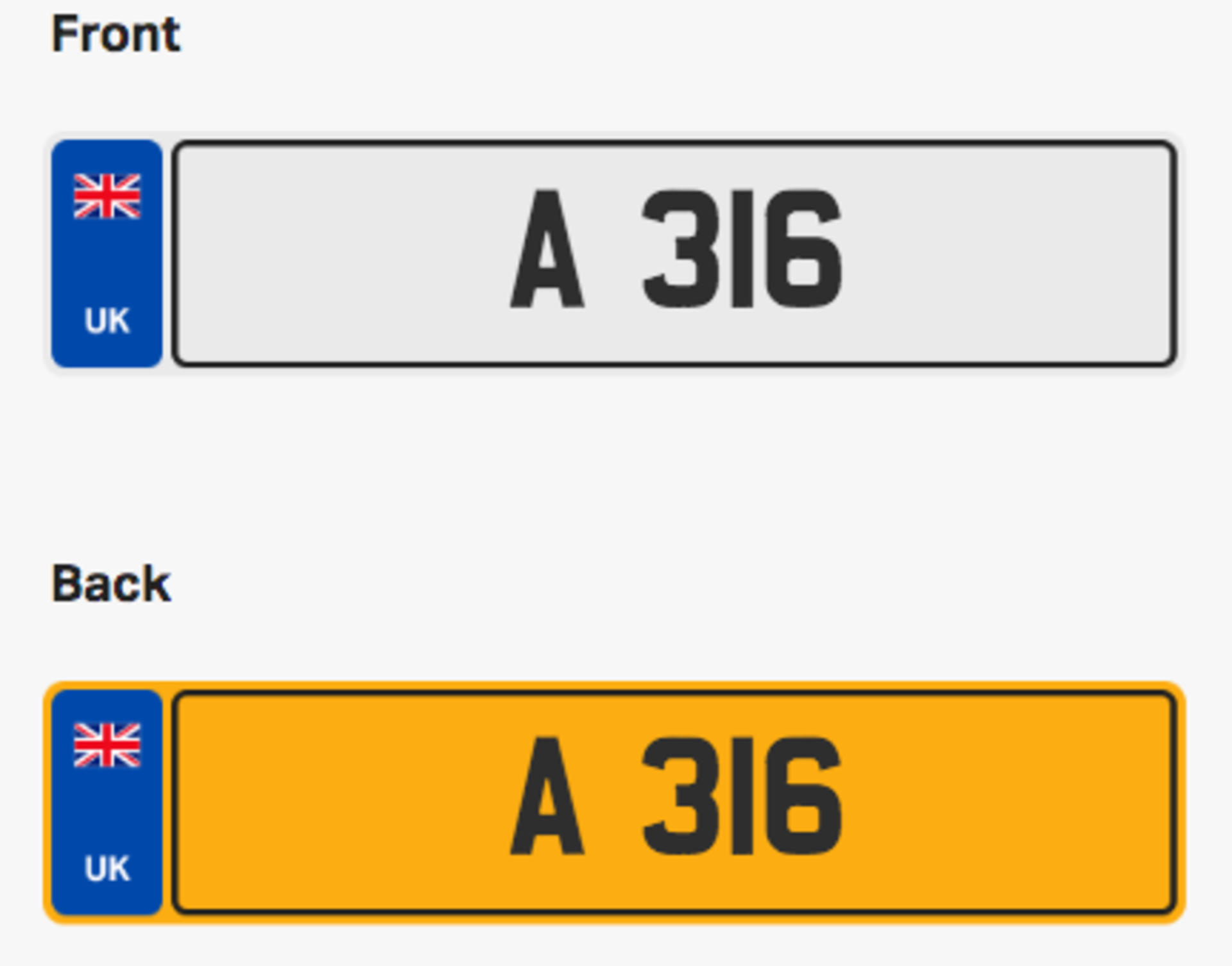 A 316. Private vehicle registration number plate, ready to transfer to new owner