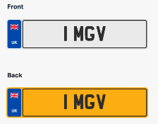 1 MGV. Private vehicle registration number plate, ready to transfer to new owner