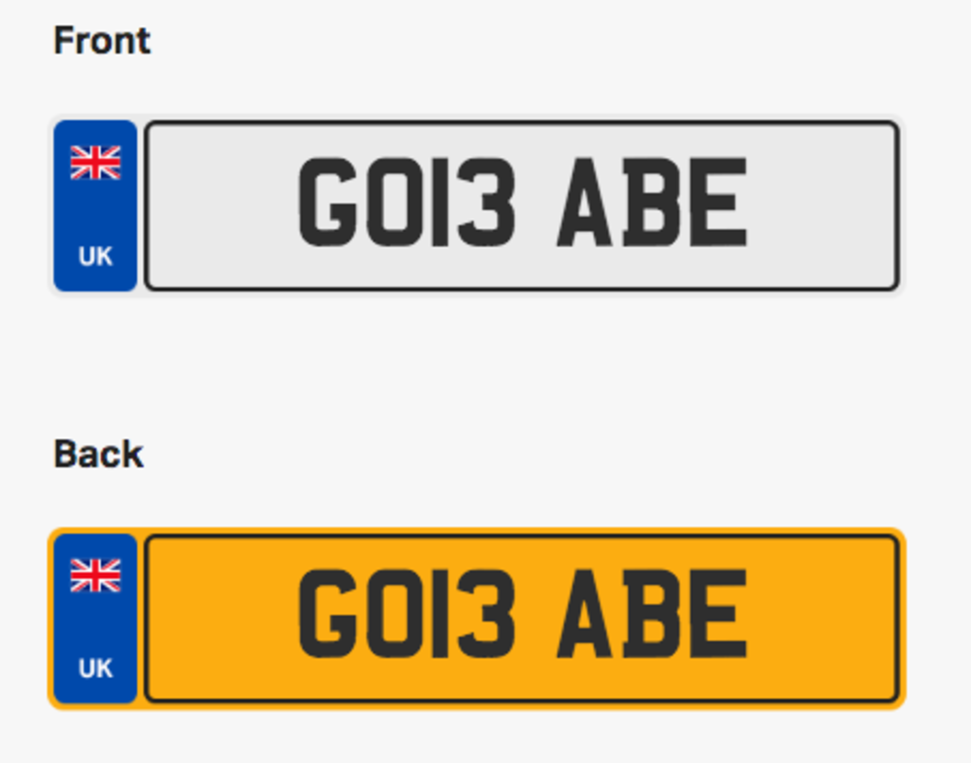 GO13 ABE. Private vehicle registration number plate, ready to transfer to new owner