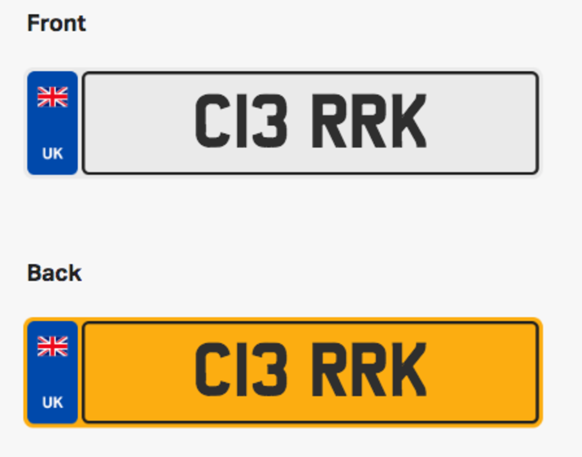 C13 RRK. Private vehicle registration number plate, ready to transfer to new owner