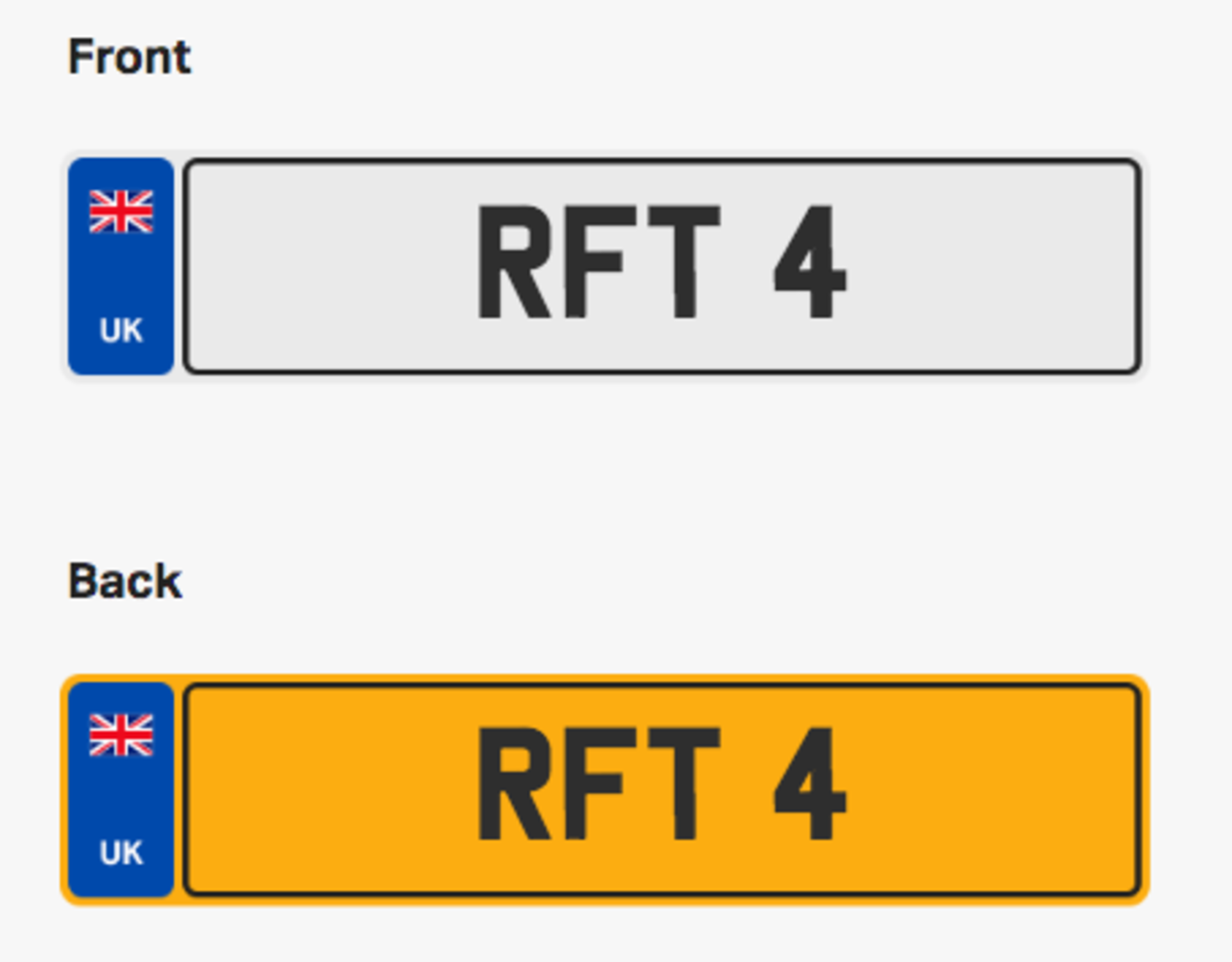 RFT 4. Private vehicle registration number plate, ready to transfer to new owner