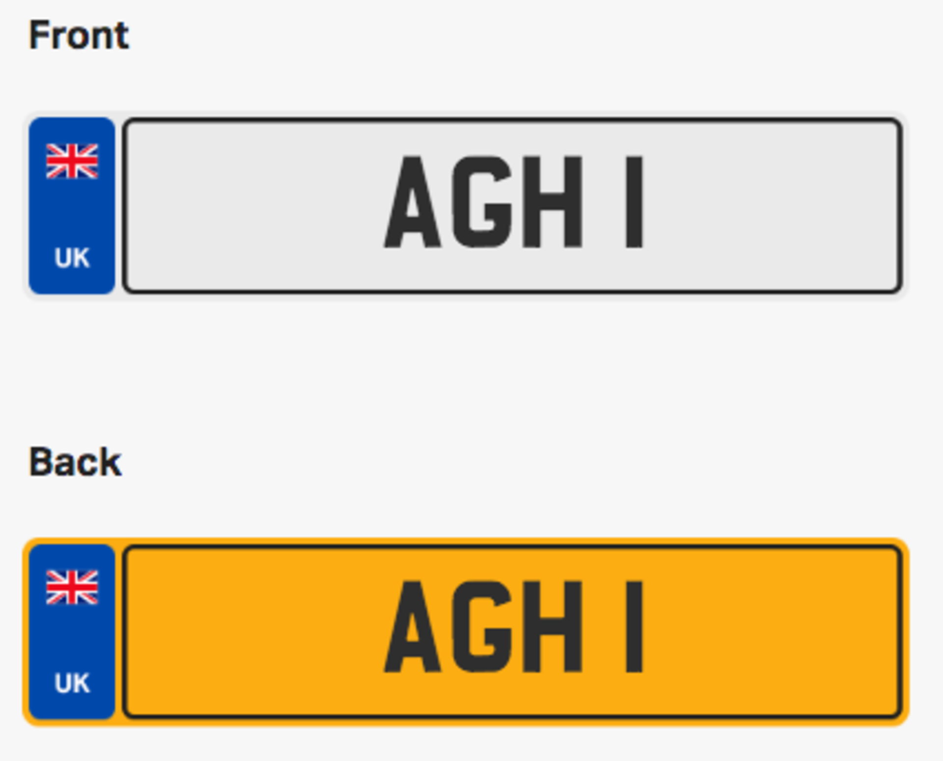 AGH 1. Private vehicle registration number plate, ready to transfer to new owner