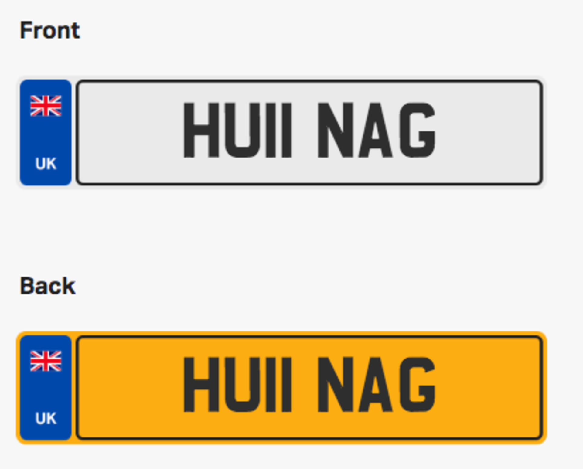 HU11 NAG. Private vehicle registration number plate, ready to transfer to new owner