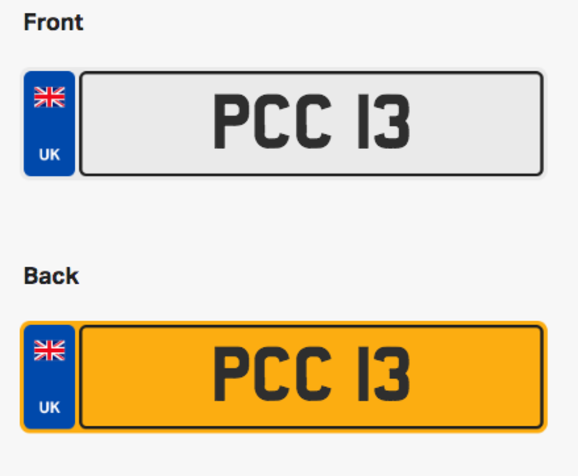 PCC 13. Private vehicle registration number plate, ready to transfer to new owner