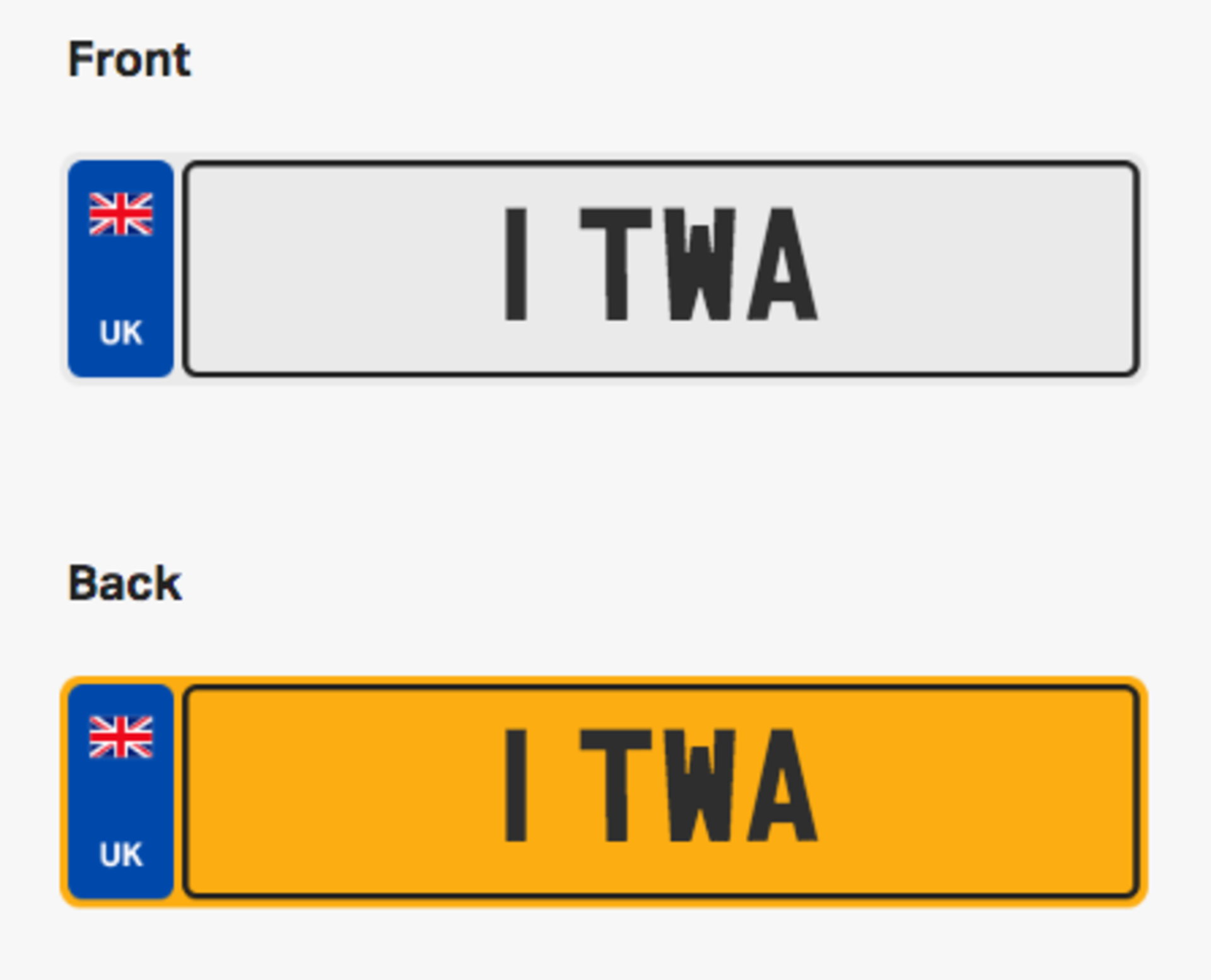 1 TWA. Private vehicle registration number plate, ready to transfer to new owner