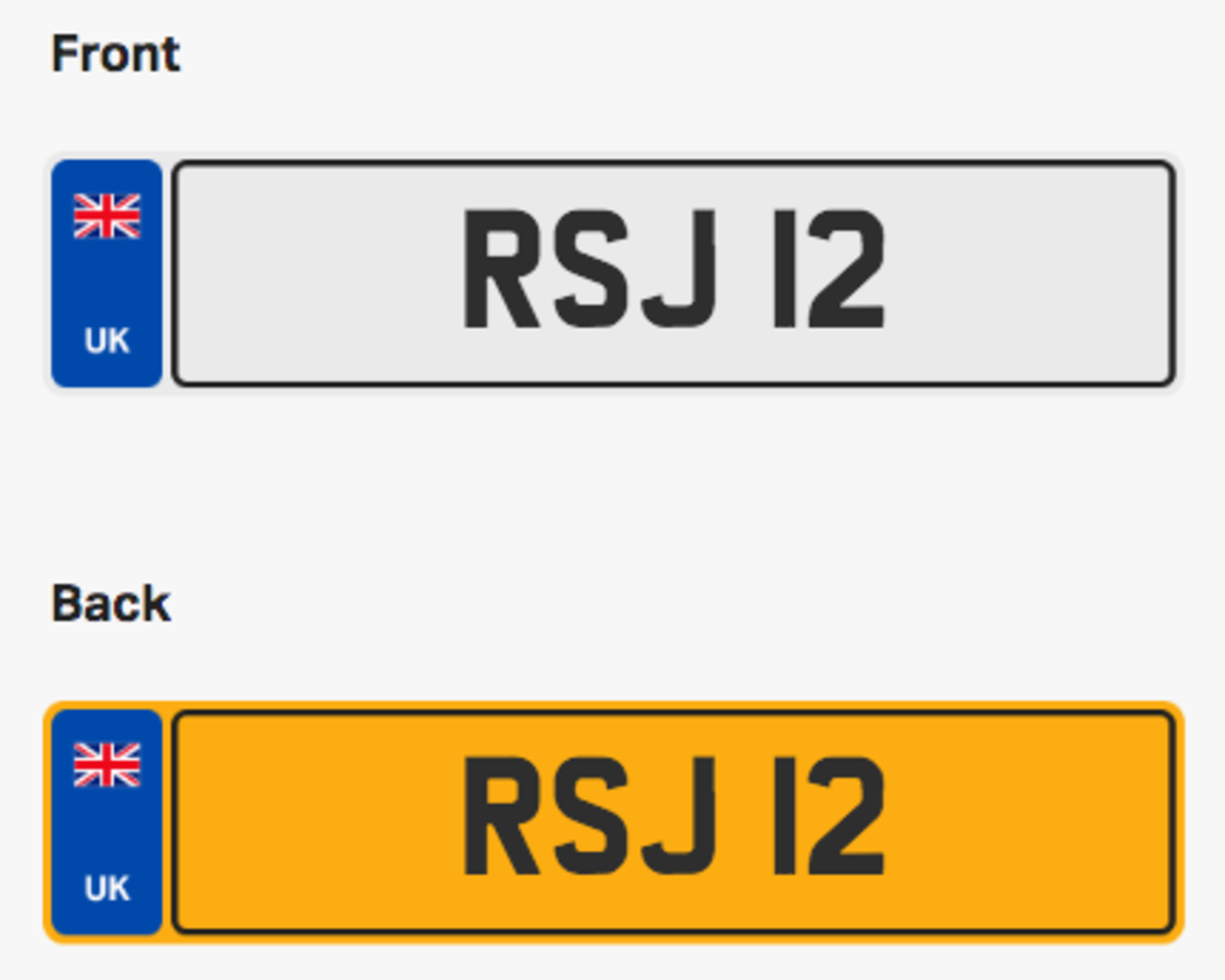 RSJ 12. Private vehicle registration number plate, ready to transfer to new owner