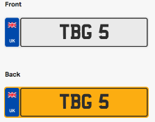 TBG 5. Private vehicle registration number plate, ready to transfer to new owner