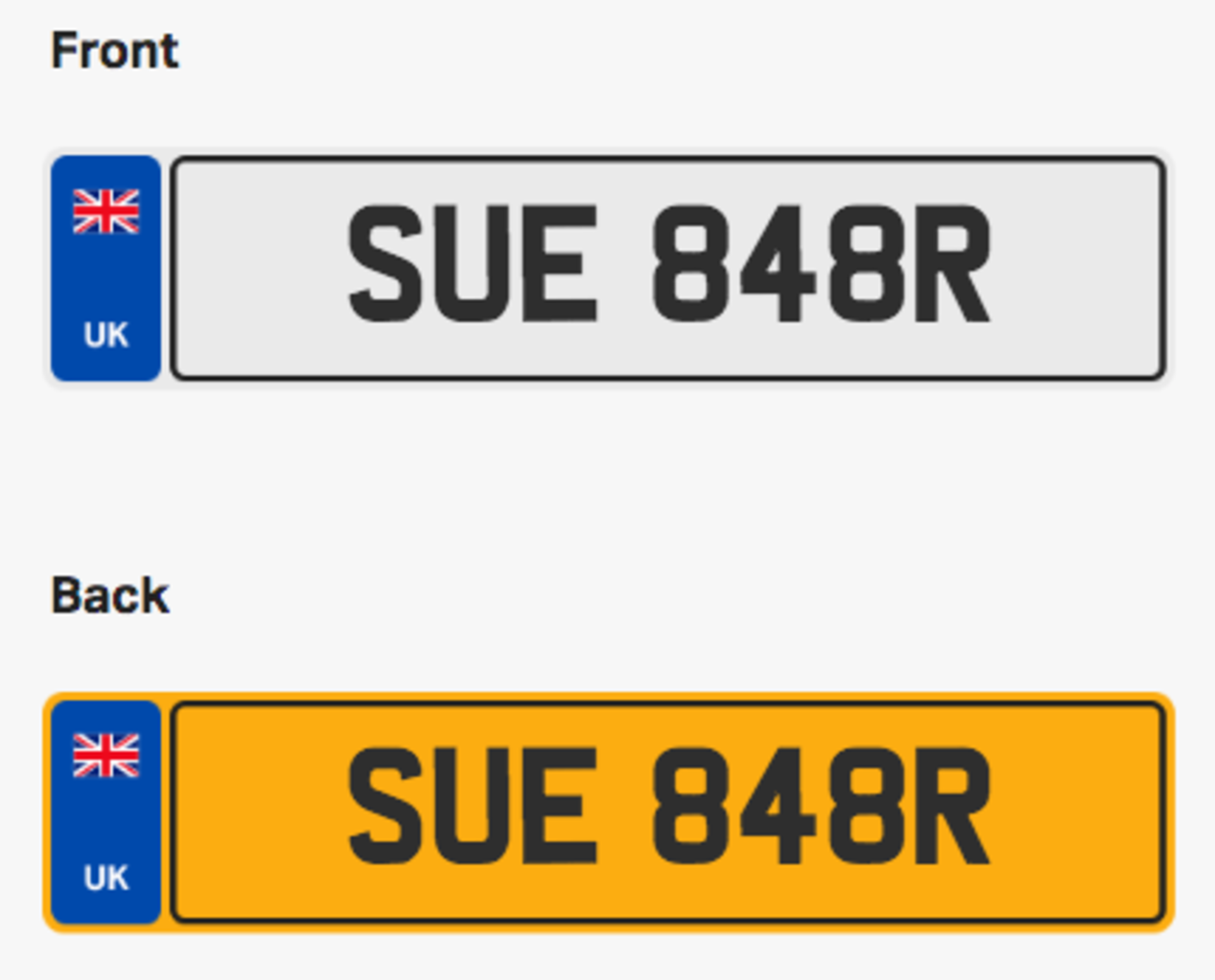 SUE 848R. Private vehicle registration number plate, ready to transfer to new owner