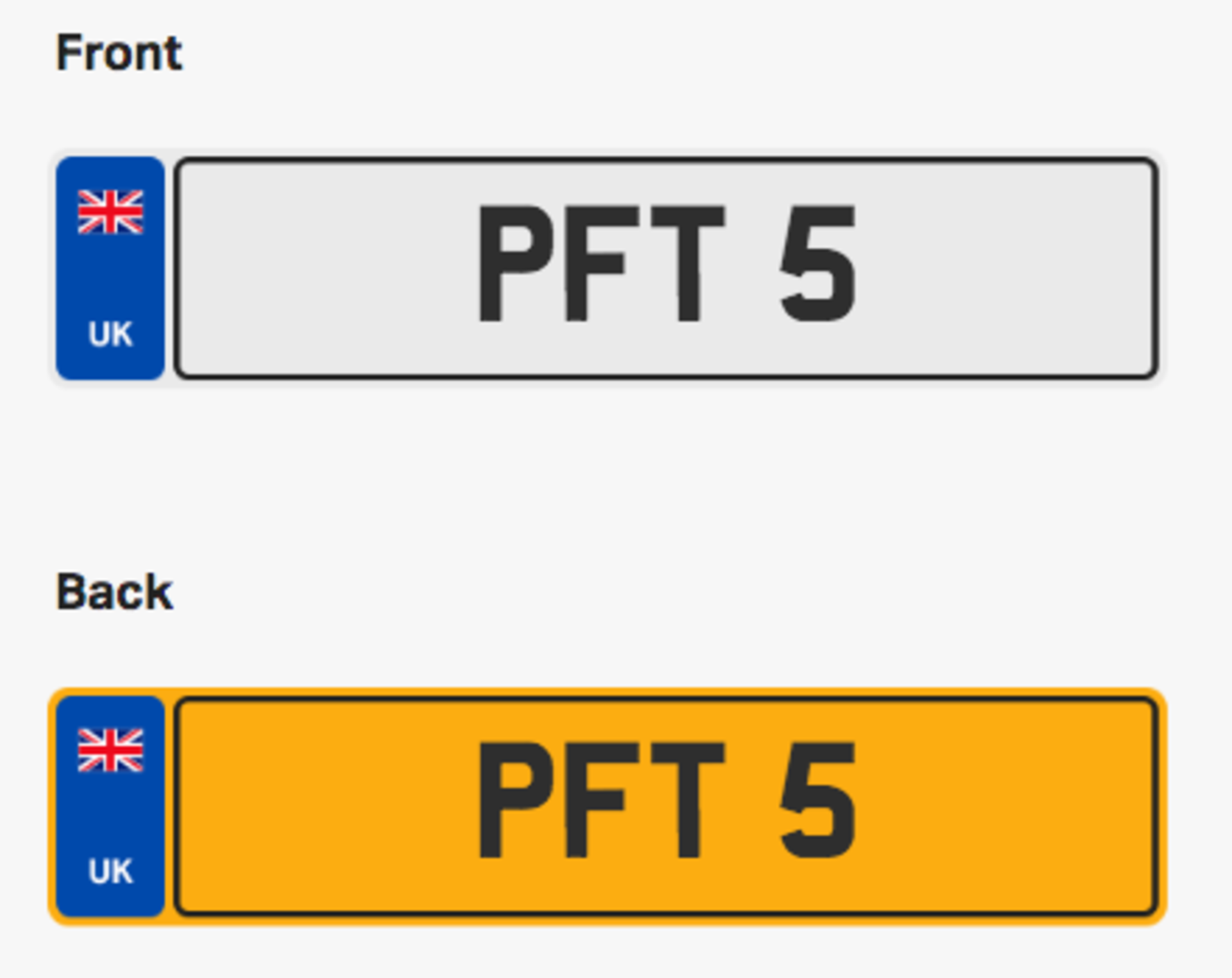 PFT 5. Private vehicle registration number plate, ready to transfer to new owner