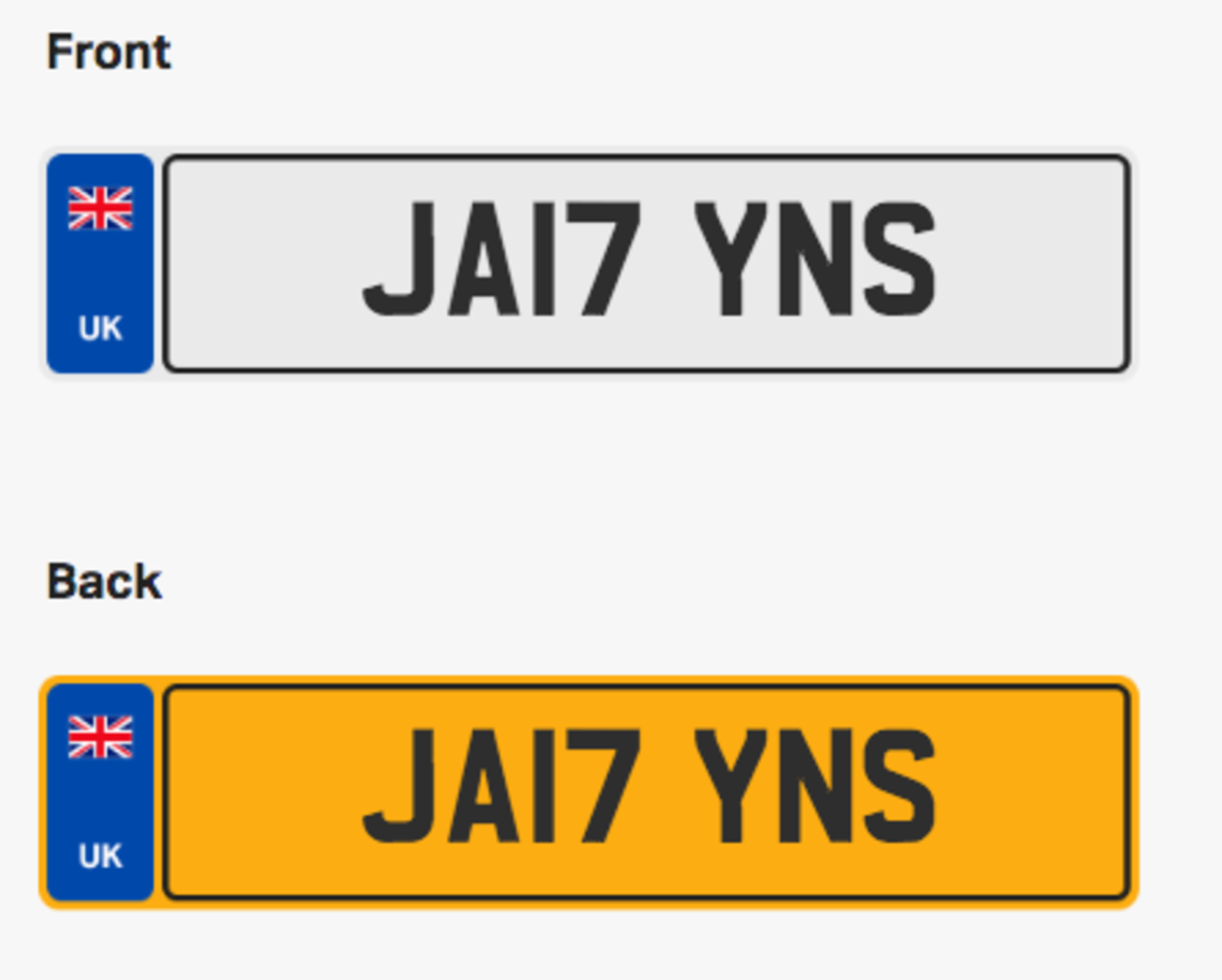 JA17YNS. Private vehicle registration number plate, ready to transfer to new owner