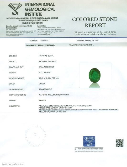 IGI Certified 7.72 ct. Emerald - ZAMBIA - Image 2 of 4
