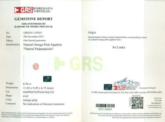 GRS Certified 6.36 ct. Padparadscha Sapphire -SRI LANKA - Image 2 of 4