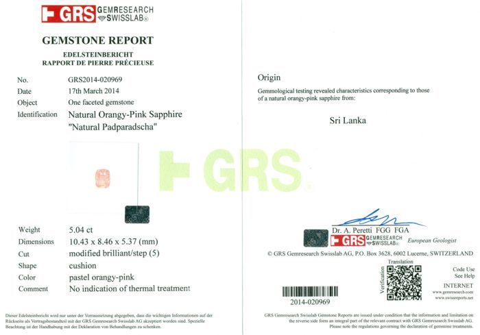 GRS Certified 5.04 ct. Padparadscha Sapphire -SRI LANKA - Image 2 of 4