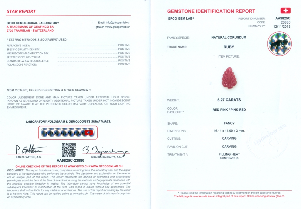 GFCO (SWISS) Cert. 5.27 ct. Carved Leaf Ruby - AFRICA - Image 2 of 4