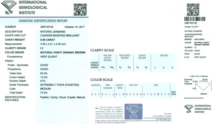 IGI Cert. 0.59 ct. Diamond Orangy Brown - I 2 UNTREATED - Image 2 of 4