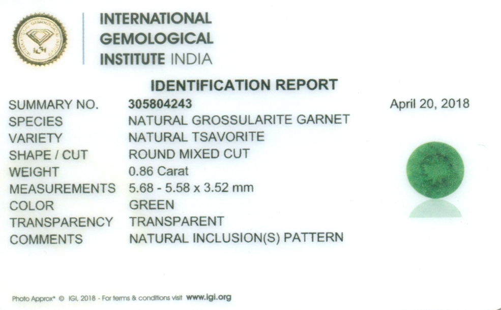 IGI Certified 0.86 ct. Tsavorite Garnet Untreated KENYA - Image 2 of 5