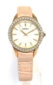 SEIKO Ladies Discover More Rose Gold Plated Pink Leather Strap Watch SRZ388P1