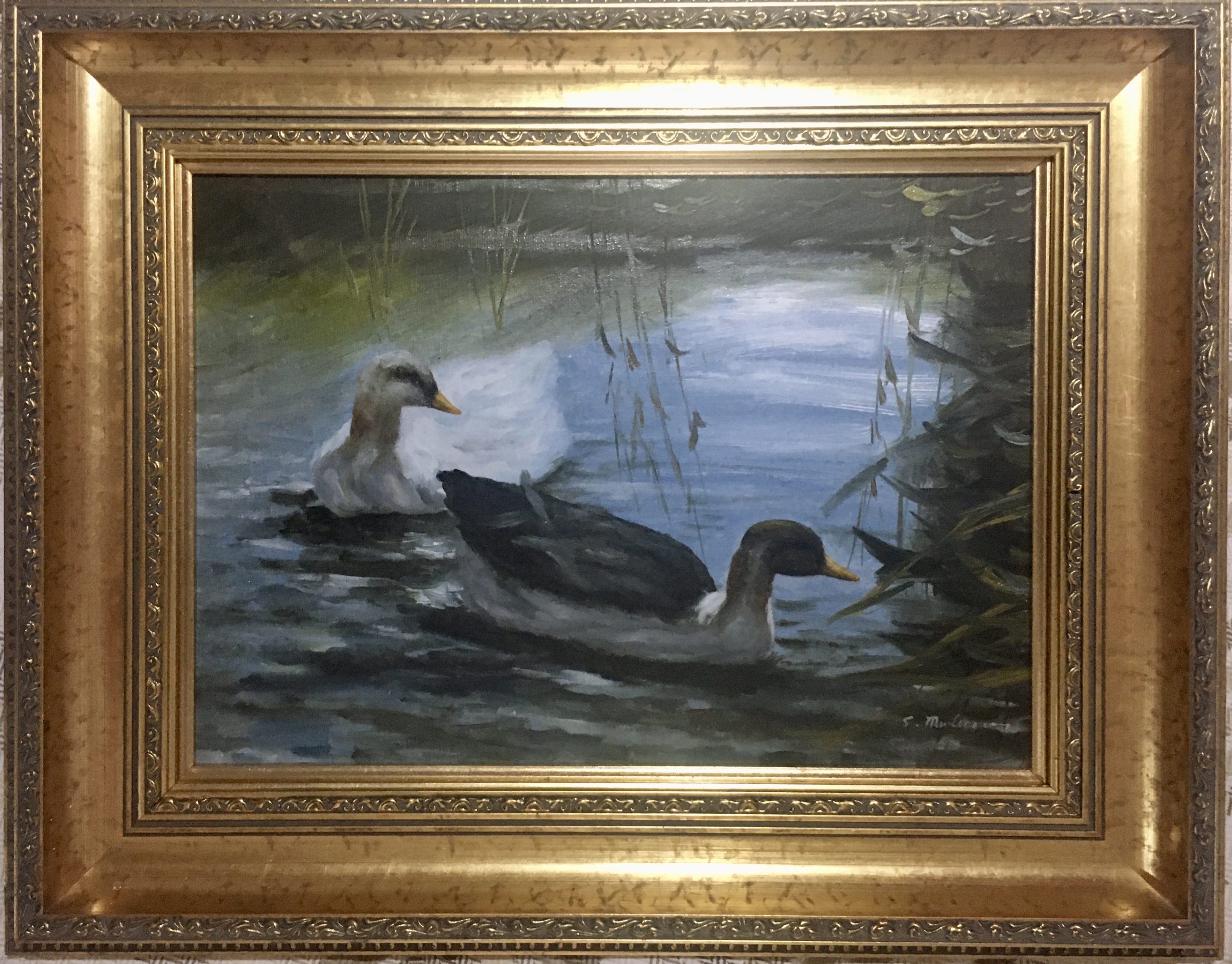 Ducks In A Reed Pond, Oil Painting, Indistinctly Signed - Image 2 of 4