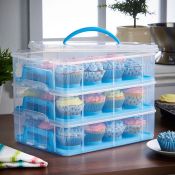 (NN32) 3 Tier Cupcake Carrier Blue Three Tier Cupcake Storage Container. Each layer holds 12 ...