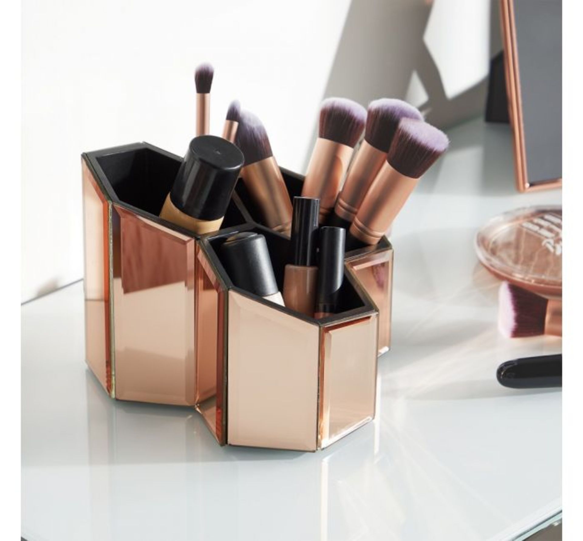 (K24) Rose Gold Mirrored Trio Pot Keep makeup brushes, hairbrushes, and beauty products neat a... - Image 4 of 4