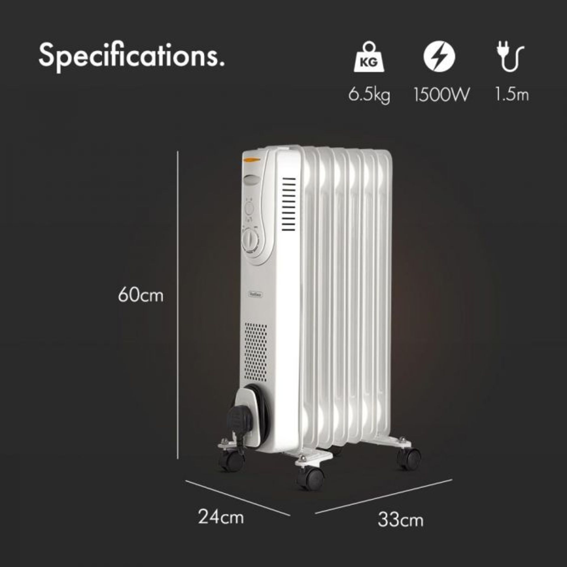 (V159) 7 Fin 1500W Oil Filled Radiator - White Powerful 1500W radiator with 7 oil-filled fins ... - Image 3 of 3