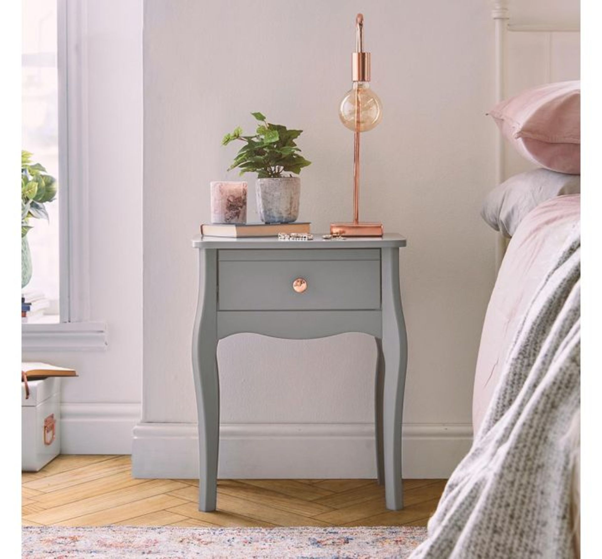 (K3) Grey Bedside Table Dimensions H55 x L45 x D35cm Drawers boast rose gold handles, an on-t...