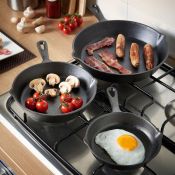 (V203) 3pc Cast Iron Skillet Set Traditional cast iron construction, Pre-seasoned with natural...