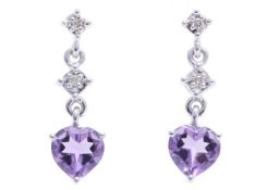 9ct White Gold Amethyst Heart Shape Diamond Earring 0.02 Carats