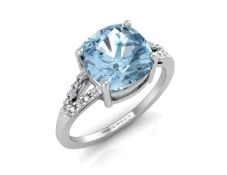 9ct White Gold Cushion Cut Blue Topaz With Diamond Set Shoulders Ring 0.06 Carats