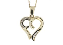 9ct Yellow Gold Heart Pendant with Diamonds in Top & Bottom Cormer Swirls 0.10 Carats