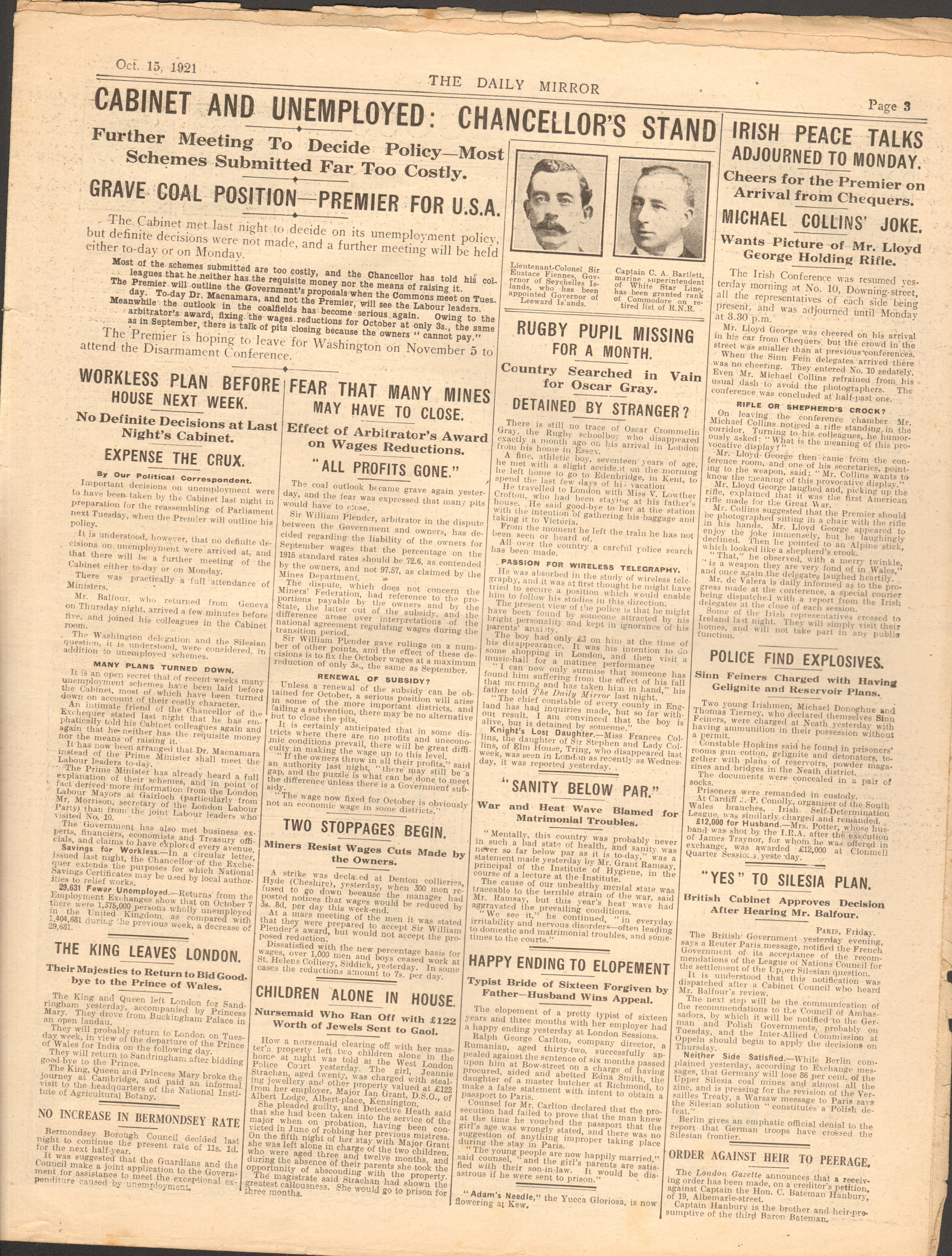 Daily Mirror Newspaper On Michael Collins At The Peace Treaty Talks 1921