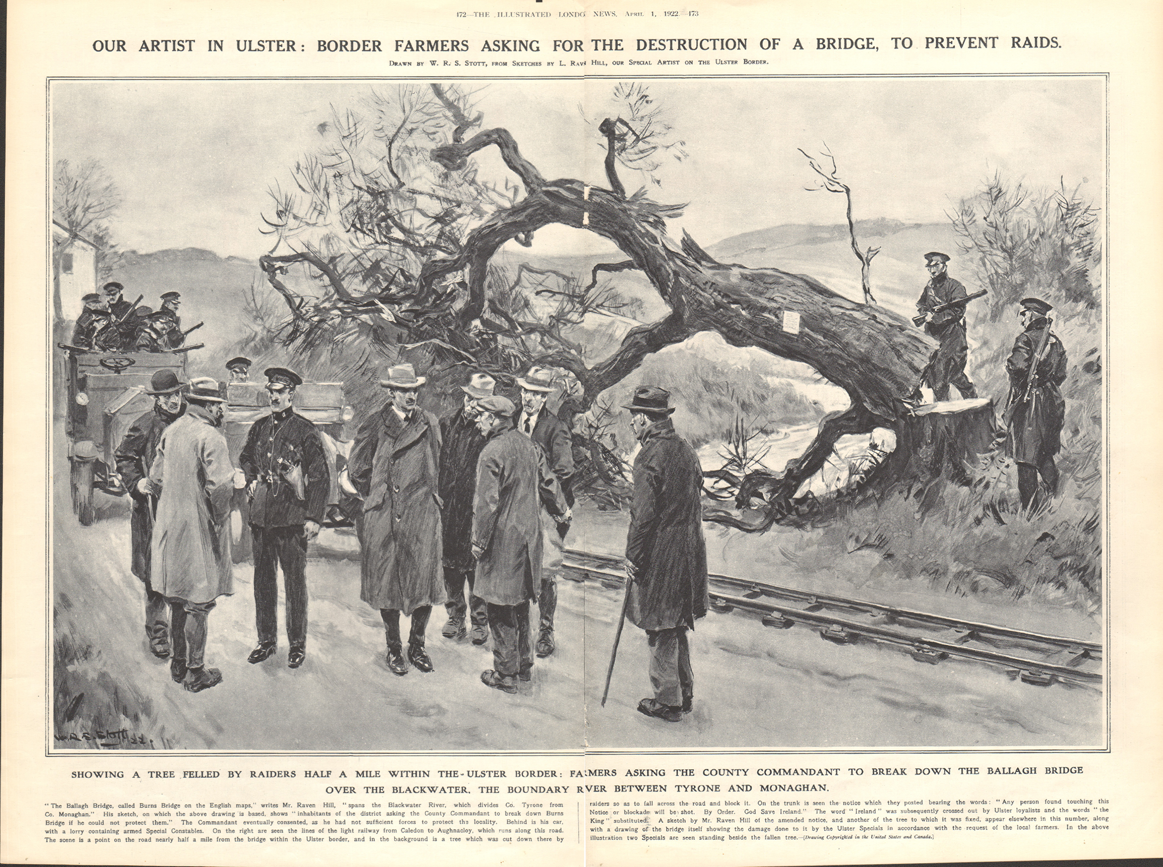 Rare Double Page Pull-Out The Ulster Border Sinn Feiners Block The Road 1922