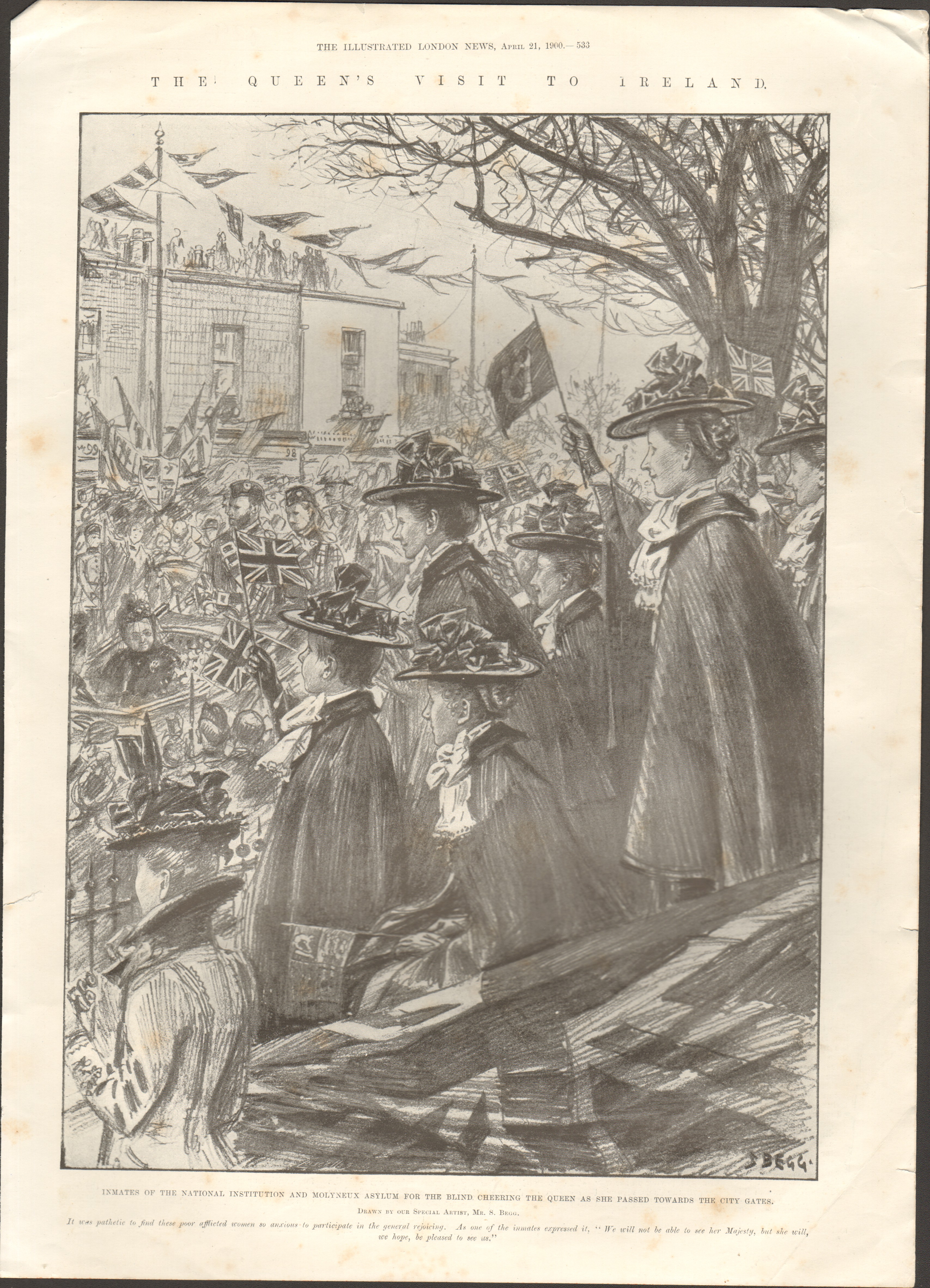 Queen Victoria Trip To Ireland “ Asylum For The Blind “ Antique Print