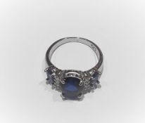 3 Stone Silver Blue Sapphire Ring