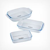 (S356) 3pc Glass Roasting Dish Set Set of 3 roasting dishes - comprises 0.9L, 1.6L and 2.9L di...