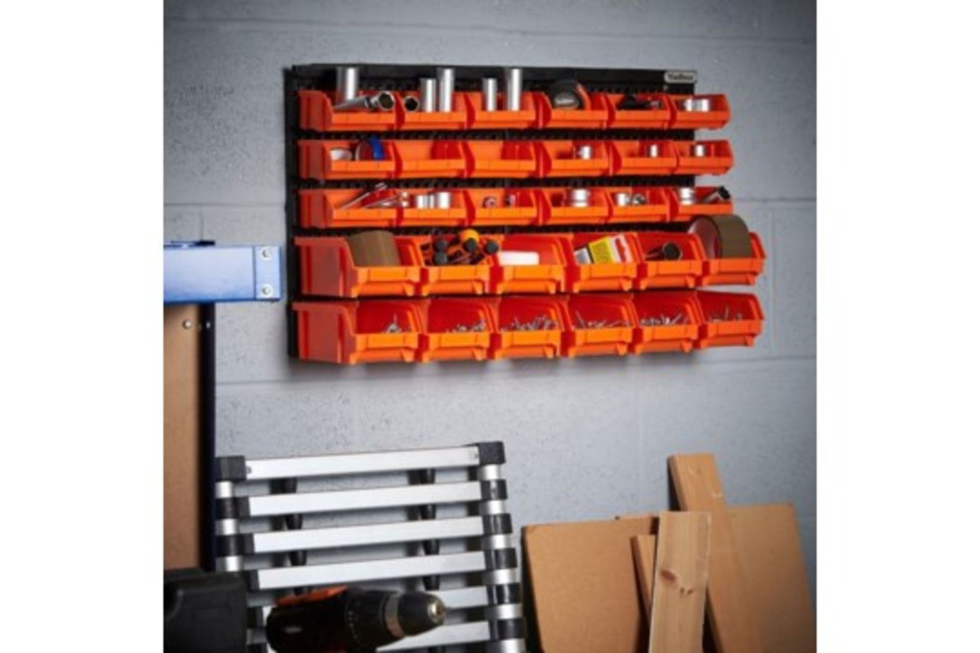 S417) 30pc Storage Bin Organiser Versatile 30 bin storage solution for workshops, garages and s...