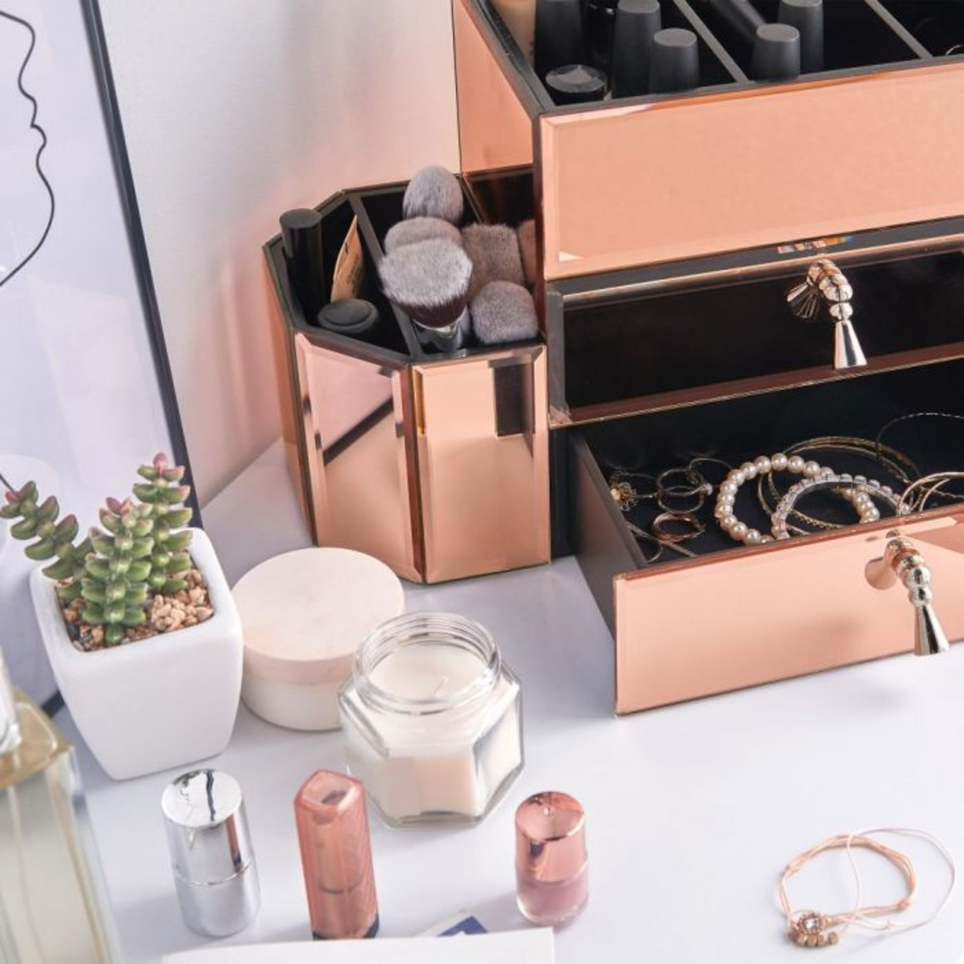 (V21) Rose Gold 2 Drawer Mirrored Makeup Organiser This super stylish organiser with a mirrore... - Image 3 of 4