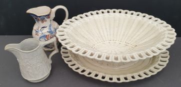 Antique Parcel of Pottery Jugs and a Fruit Basket