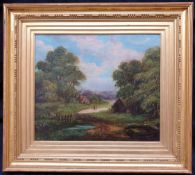 Antique Art Picture Framed Oil Painting on Canvas Country Scene Signed Vicars