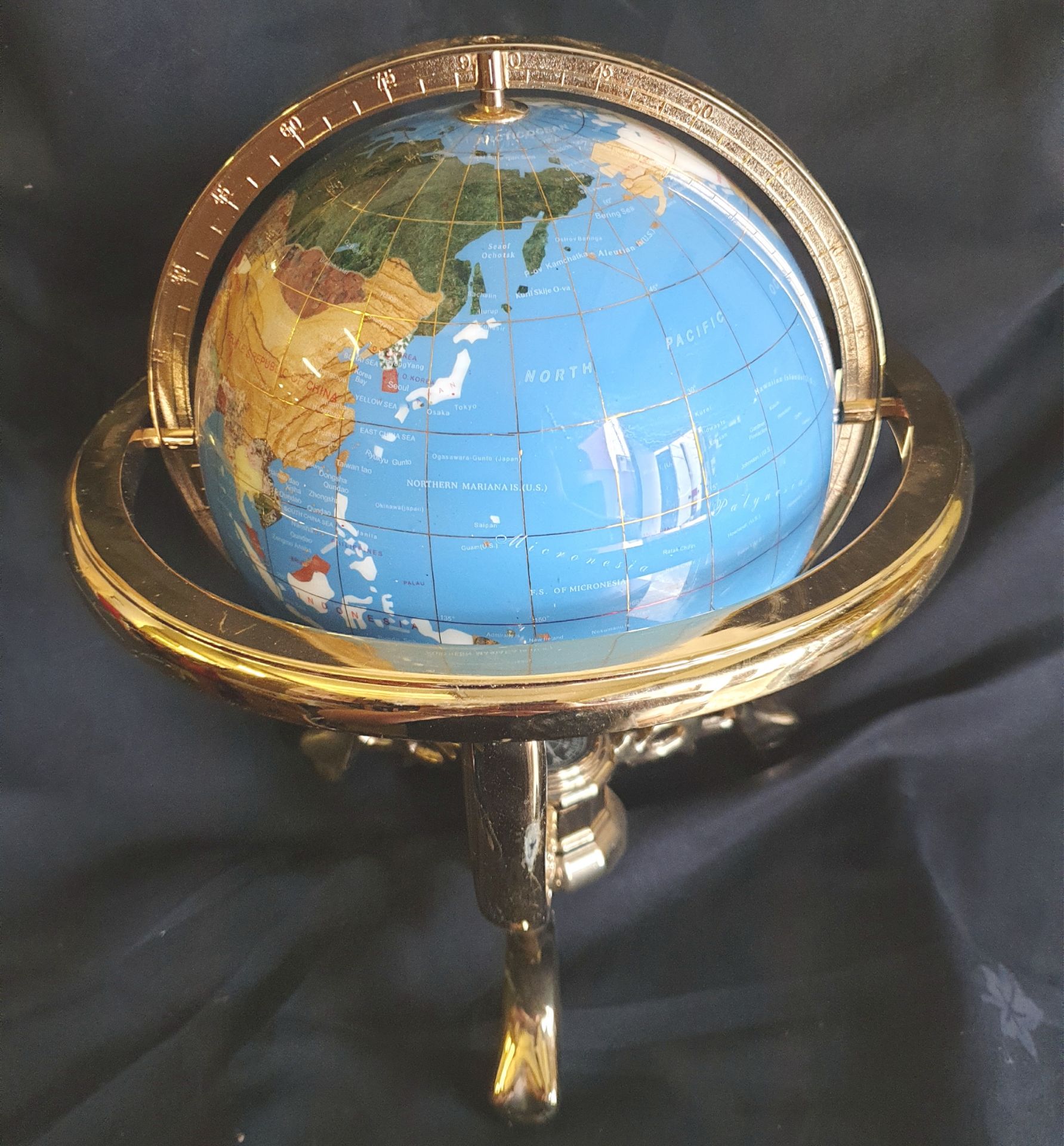 Collectable Agate and Brass 12 inch Globe Blue Base Colour - Image 2 of 3
