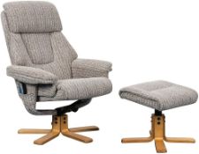 BRAND NEW BOXED GFA STRESS LESS SWIVEL RECLINING CHAIR AND FOOTSTOOL IN OATMEAL FABRIC