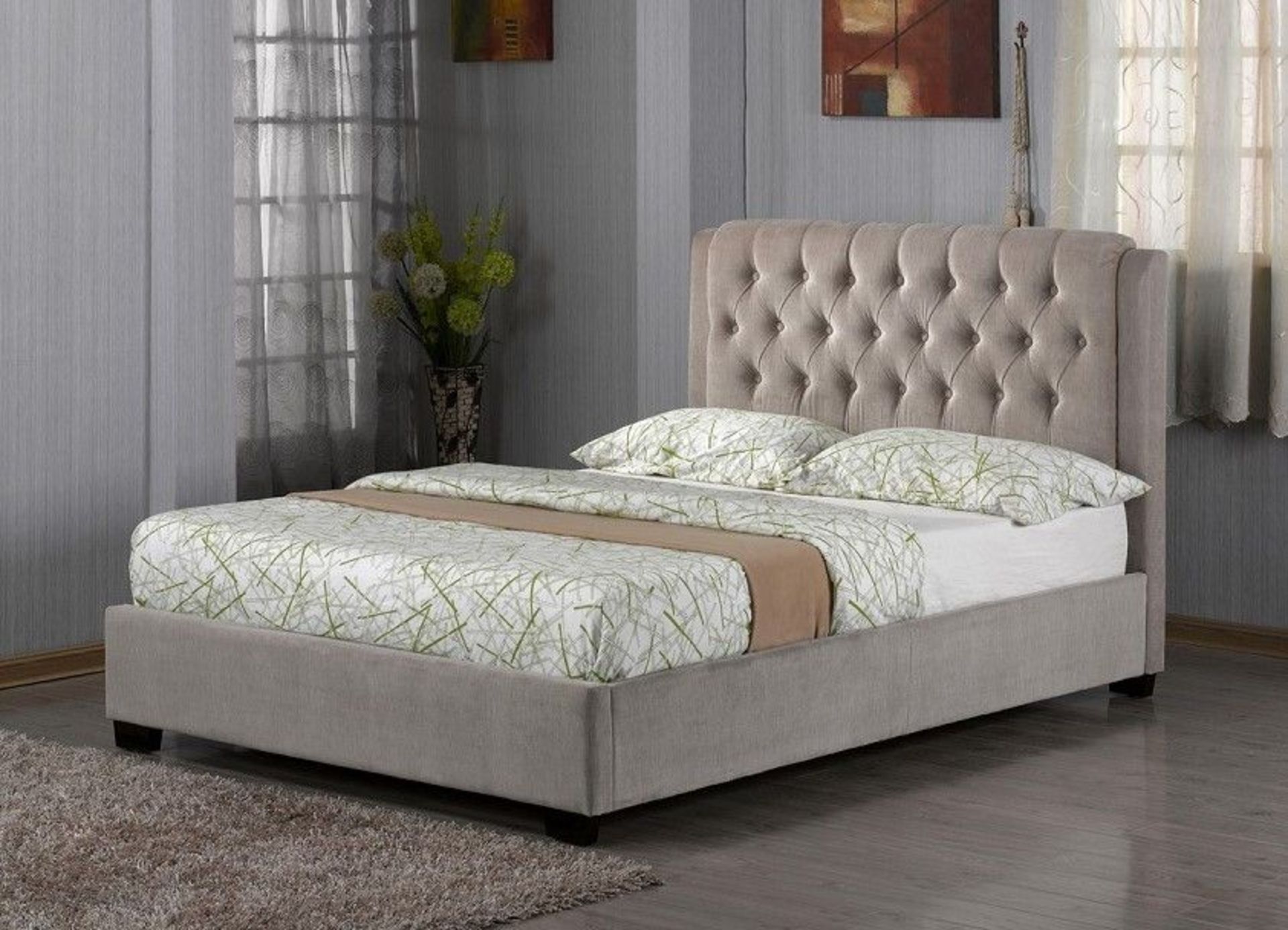 BRAND NEW BOXED 4'6 DOUBLE MESSIDY BEDSTEAD IN BEIGE/TAN FABRIC