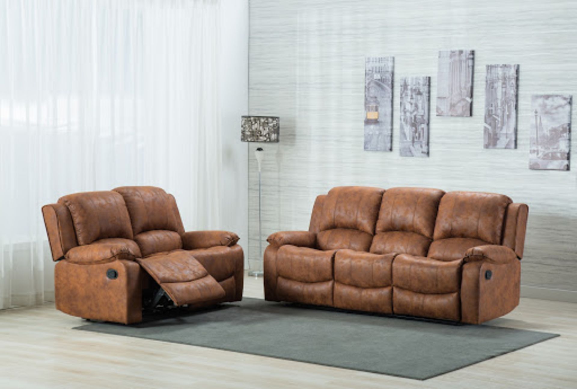 BRAND NEW BOXED 3 SEATER PLUS 2 SEATER TEXAS RECLINING SOFAS IN TAN FABRIC