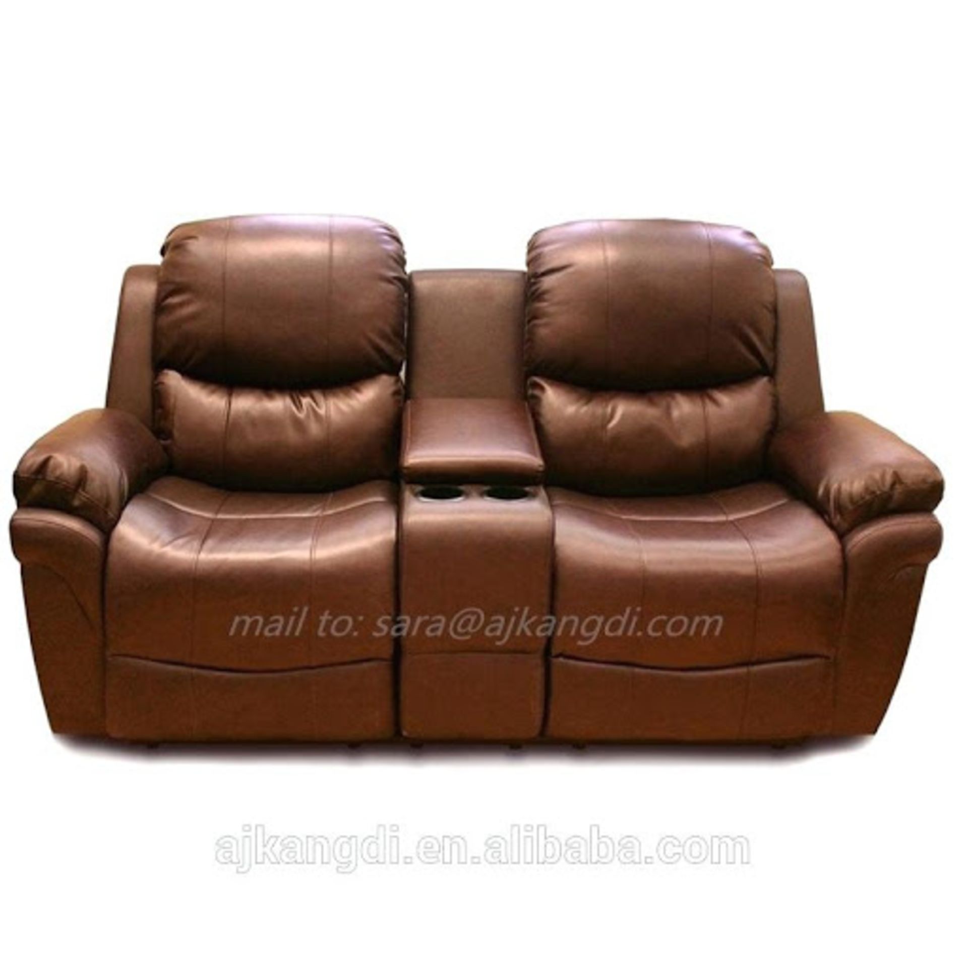 BRAND NEW BOXED 2 SEATER SUPREME LEATHER RECLINING SOFA WITH CONSOLE AND DRINKS HOLDERS