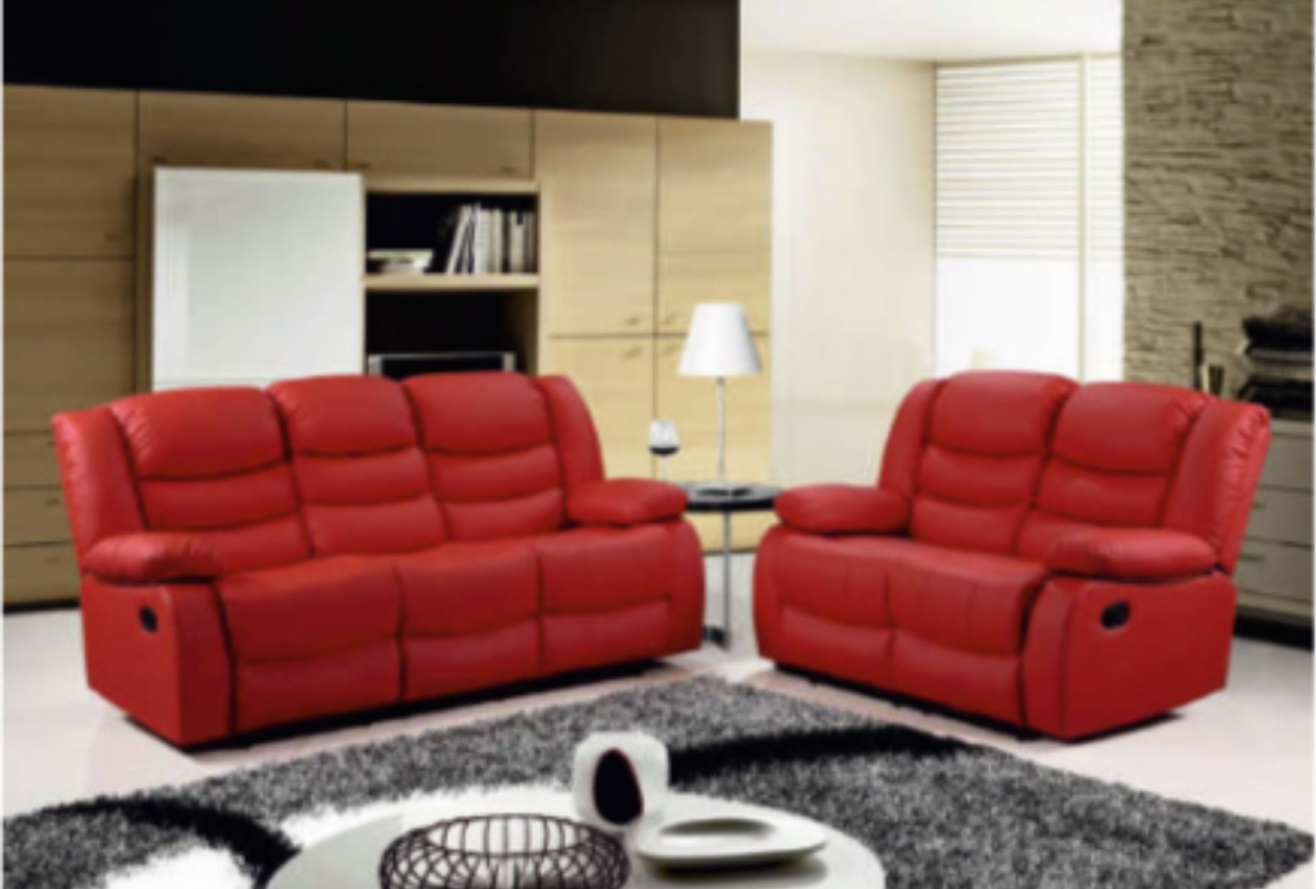 BRAND NEW BOXED 3 SEATER PLUS 2 SEATER ROMAN RECLINING SOFAS IN RED