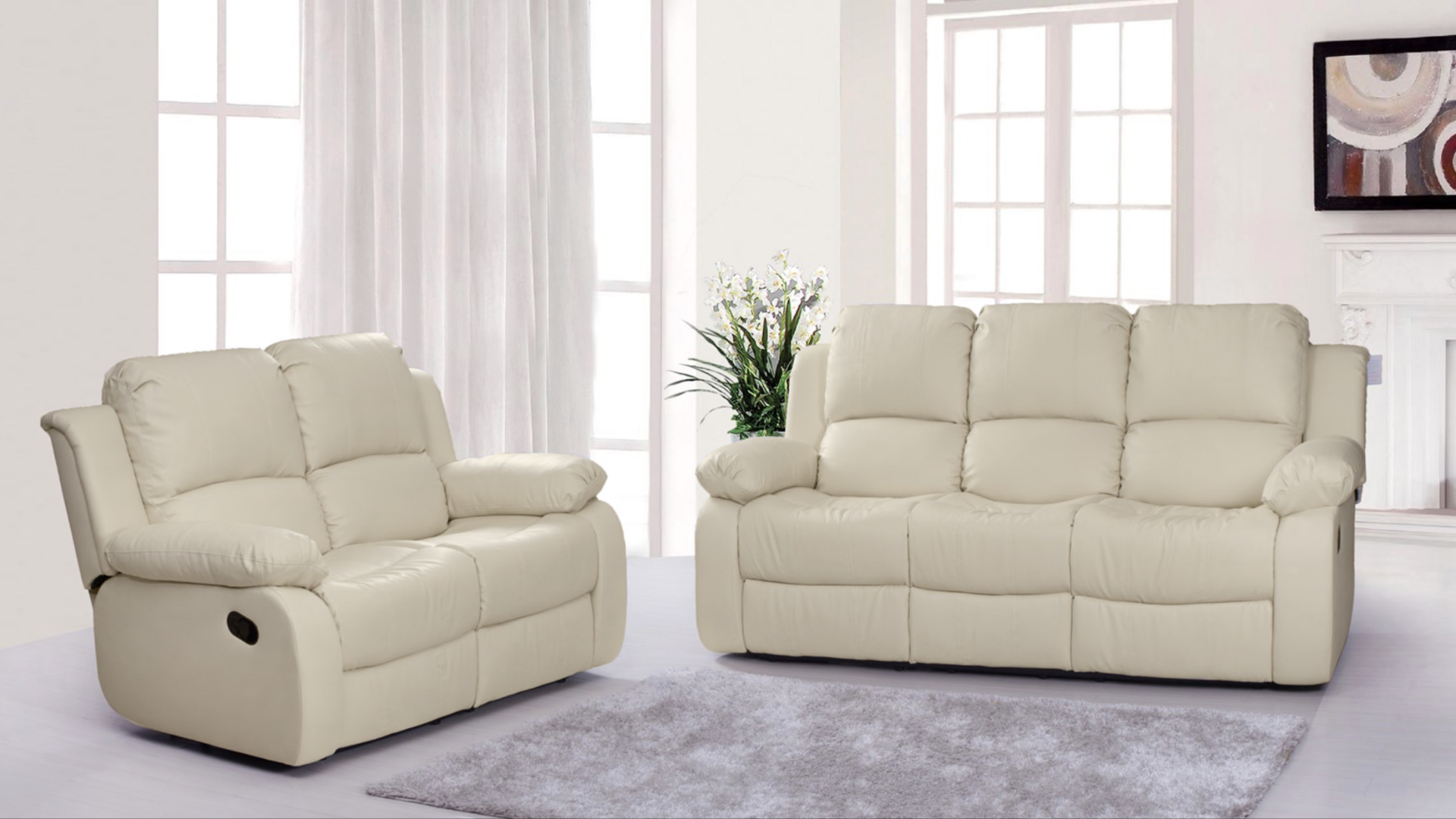 BRAND NEW BOXED SUPREME 3 SEATER PLUS 2 SEATER LEATHER RECLINING SOFAS IN CREAM