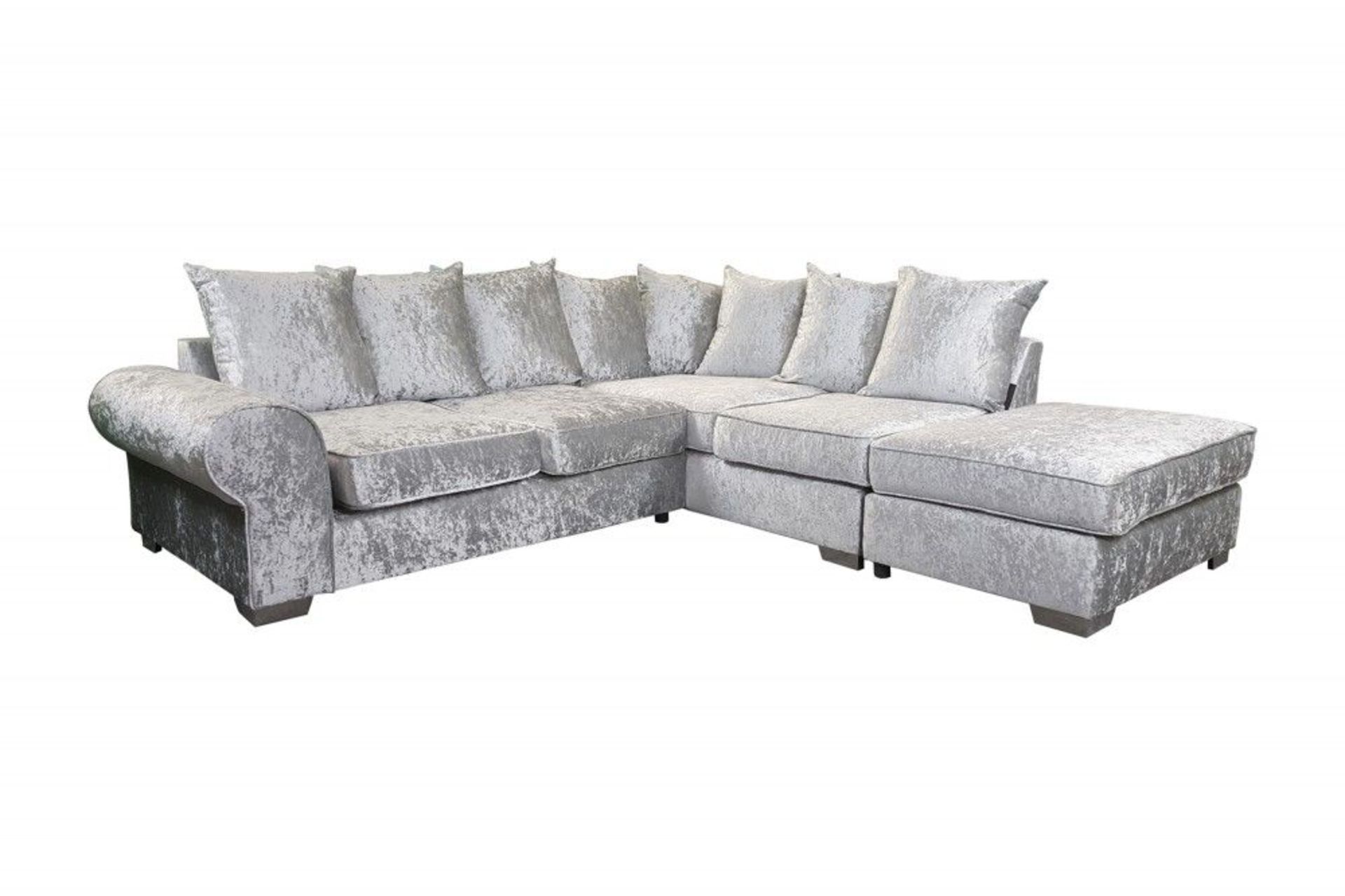 BRAND NEW VERONA CRUSHED VELVET SILVER CORNER SOFA WITH STOOL